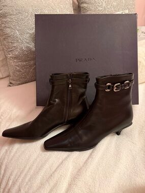 Stunning Prada Black Leather Kitten Heel Ankle Boots